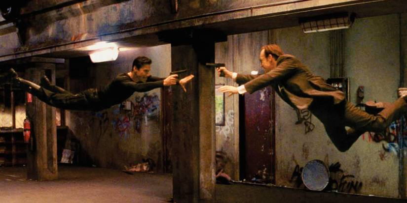 Neo and Agent Smith hovering in the air about to clash in The Matrix