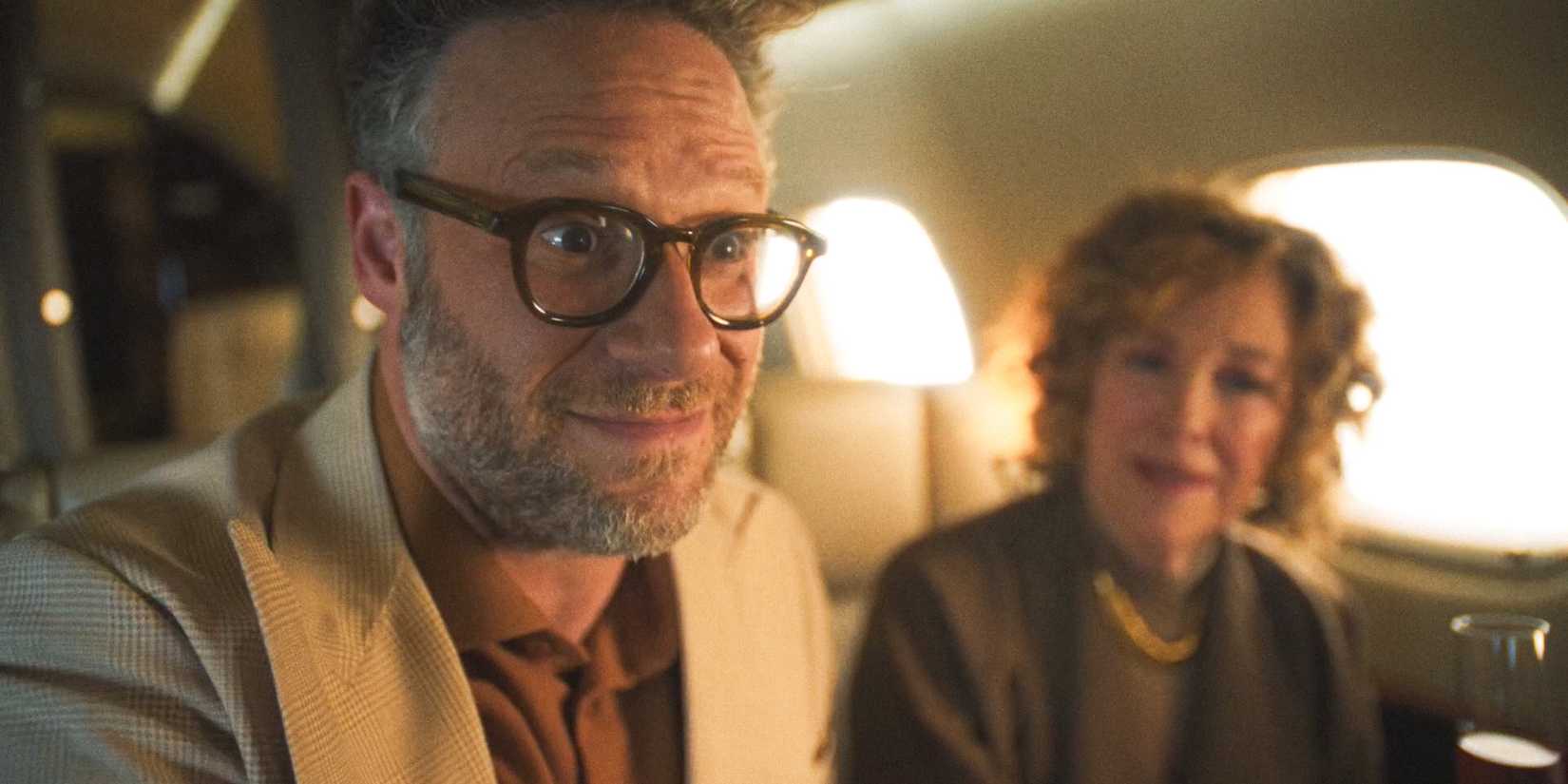 Matt (Seth Rogen) and Patty Leigh (Catherine O'Hara) on a private jet in The Studio Season 1 Episode 9