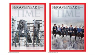 Two side-by-side Time Magazine covers: the first large letters AI, the second a doctored image of people sitting on a metal beam high above a city skyline.