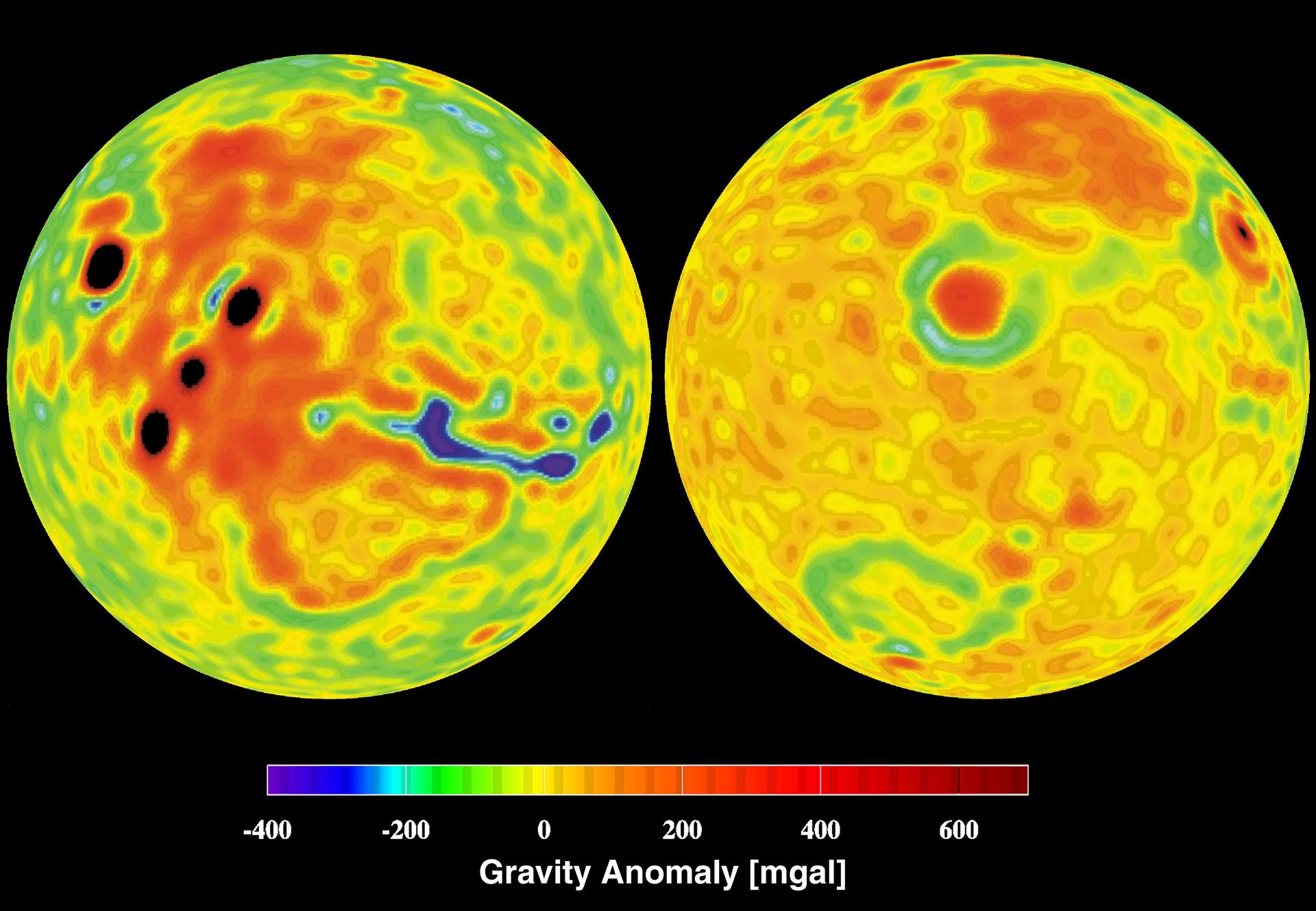 A gravity map of Mars showing regions of greater gravity in red