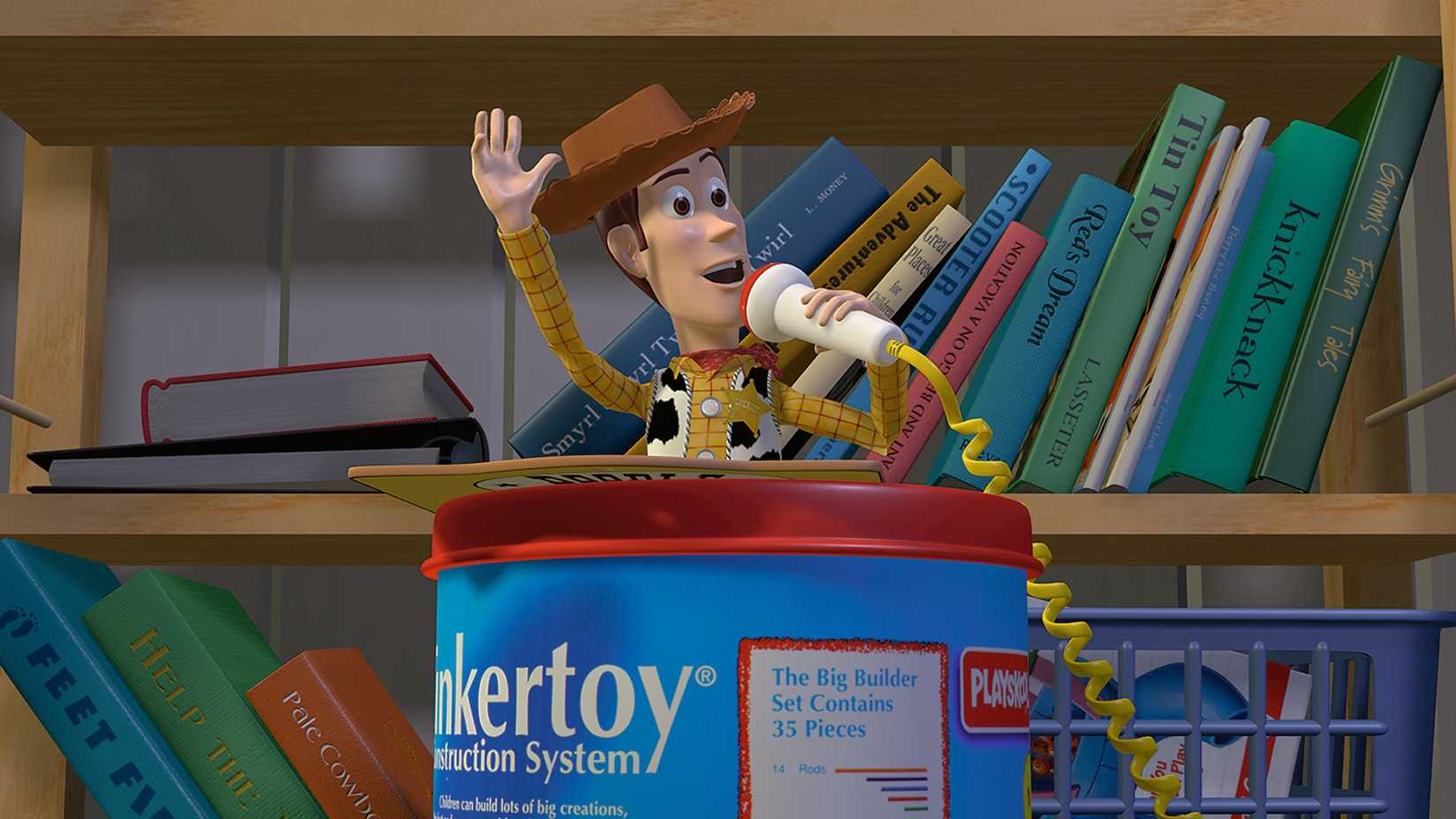 Woody talking on a microphone while in a tinkertoy container in Toy Story