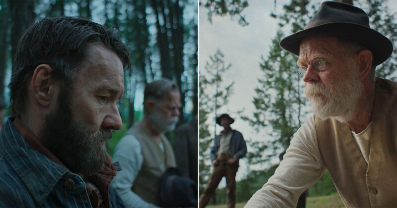 Two split-screen scenes: On the left, three adult men with serious expressions sit outdoors among trees; on the right, an older man with a white beard, hat, and glasses leans forward, with trees and two blurred figures in the background.