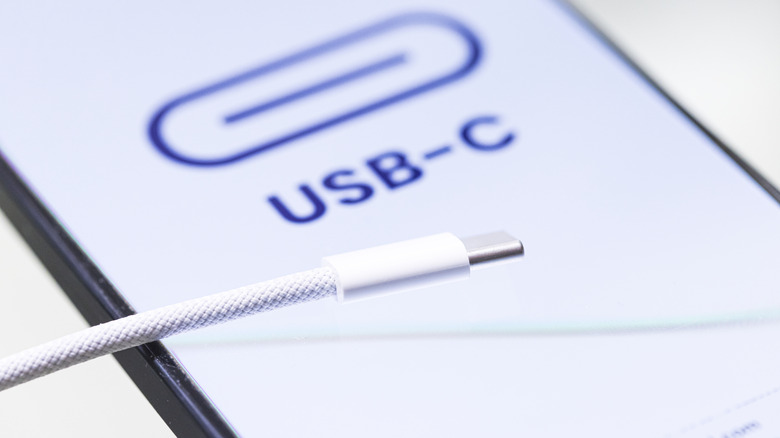 A braided white USB-C cable for iPhone