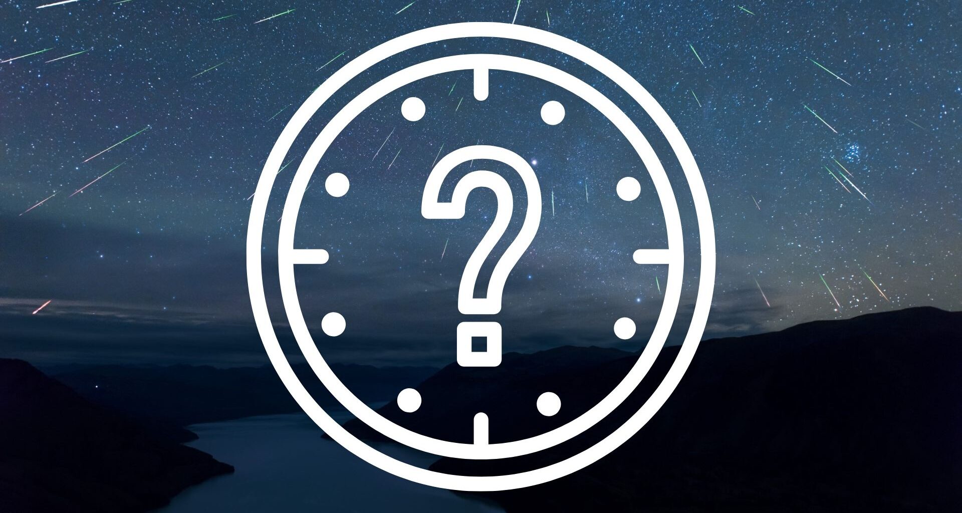 graphic depicting time of the geminid meteor shower. It is a while clock vector with a question mark in the center and the background of the image is a nice meteor shower scene showing dozens of shooting stars streaking through a starry sky.