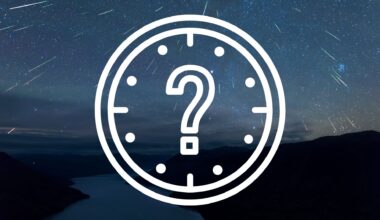 graphic depicting time of the geminid meteor shower. It is a while clock vector with a question mark in the center and the background of the image is a nice meteor shower scene showing dozens of shooting stars streaking through a starry sky.