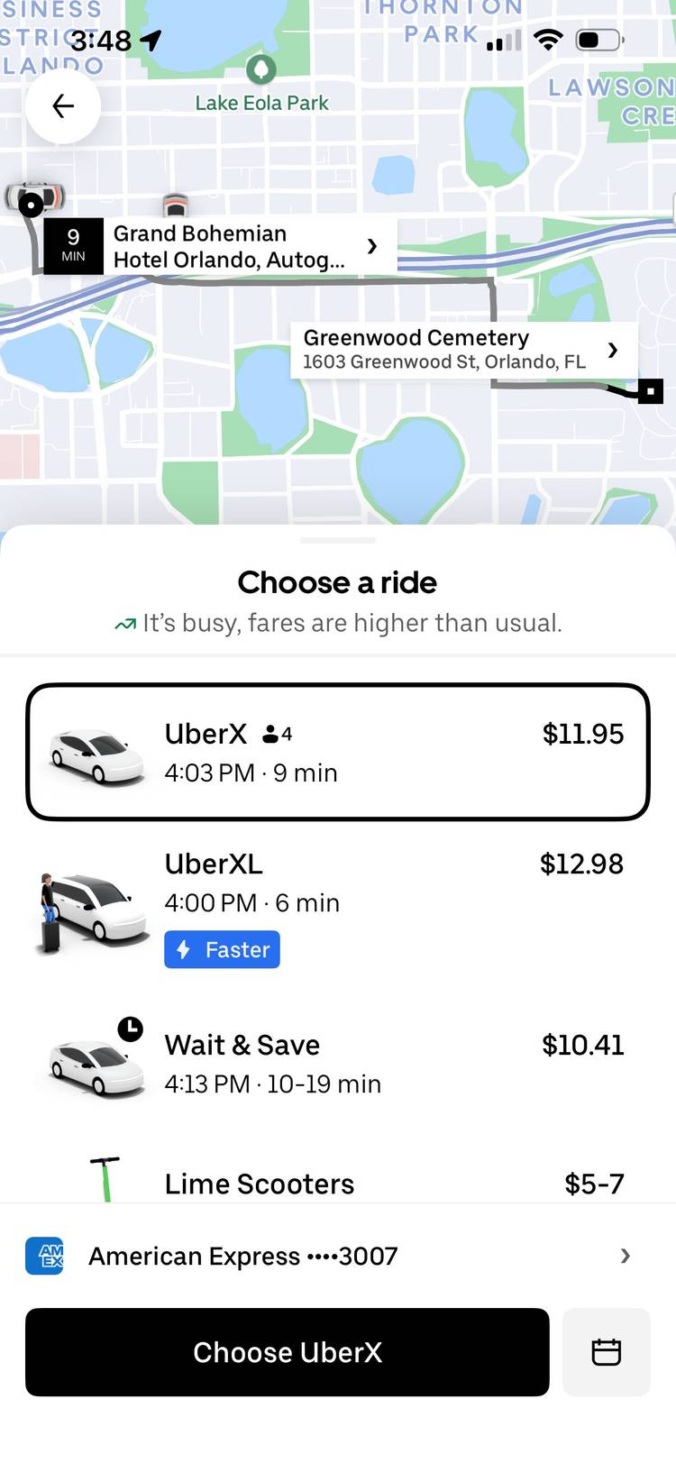 A screenshot of the Uber mobile app showing different fare options.