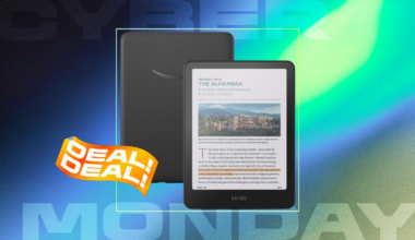 Black kindle with color screen and black text against blue and green CNET background.