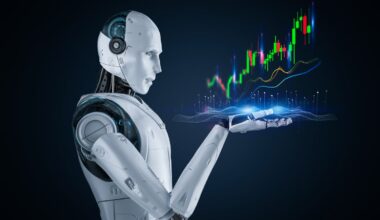 AI robot holding a glowing stock market graph in its hands.