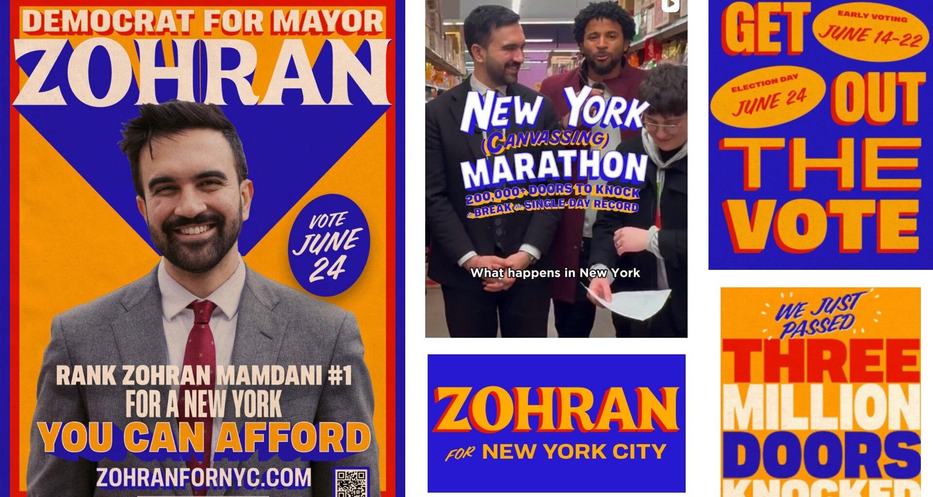 Montage of poster and Instagram screengrabs from Zohran Mamdani's campaign