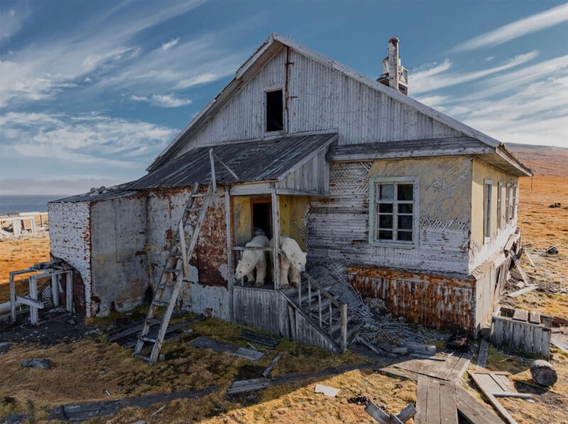 Two polar bears are entering a weathered, abandoned wooden house in a barren landscape under a blue sky with wispy clouds. The house has peeling paint, broken windows, and debris scattered around.