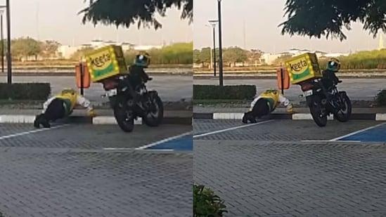 An Indian woman shared a video showing a delivery agent doing push up in Dubai,(Instagram/marathi_girl_in_dubai)