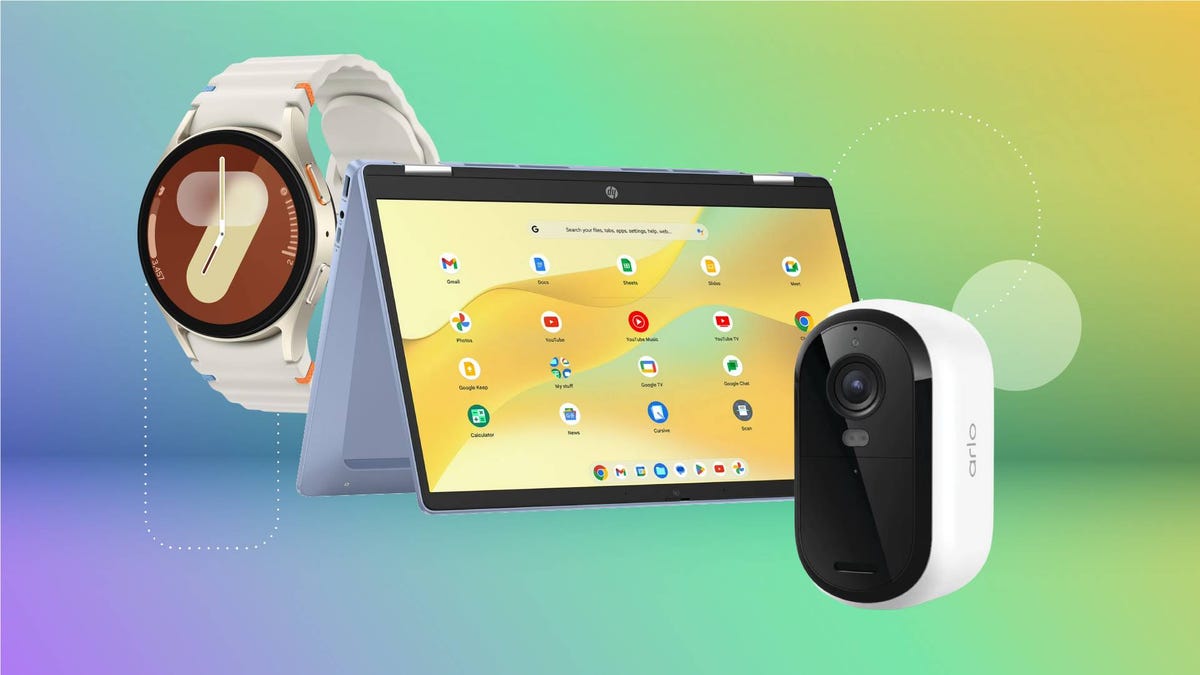 A smartwatch, laptop and security camera against a purple, green and orange gradient CNET background.