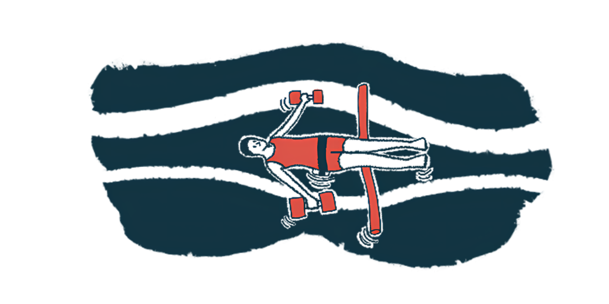 A person floats in water supported by a foam noodle and holding aquatic dumbbells.