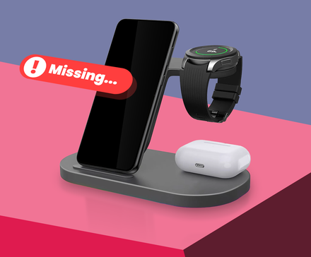 Wireless charging station holding a phone, smartwatch, and earbuds, labeled with a red 'Missing...' alert.