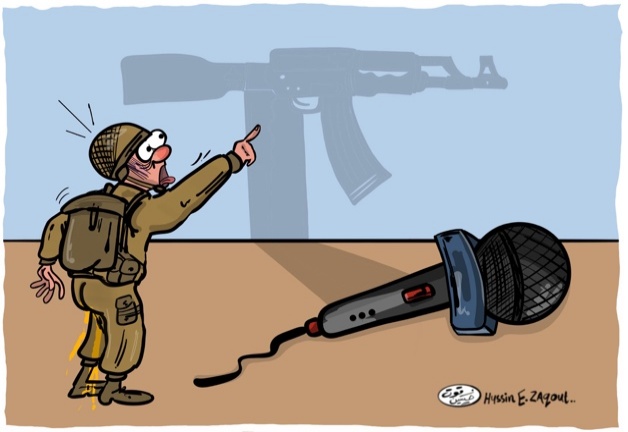 A cartoon following the IDF's exposure of Al Jazeera six journalists, led by Anas al-Sharif, as Hamas and PIJ military operatives (Hussein Zakout's Facebook page, October 24, 2024).