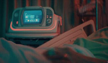 An image of a device with a screen and dials sitting next to a patient's bed in a hospital