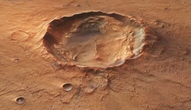 An image of a giant oval crater on Mars