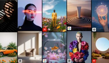 A grid of ten various AI-generated images, including portraits, a landscape with a man in a yellow suit, a product shot, a hand holding a glowing orb, an orange car in a garden, a chair in a room, a goldfish in a bowl, a person wearing a coat of colorful flowers, and a scenic view through a circular window.