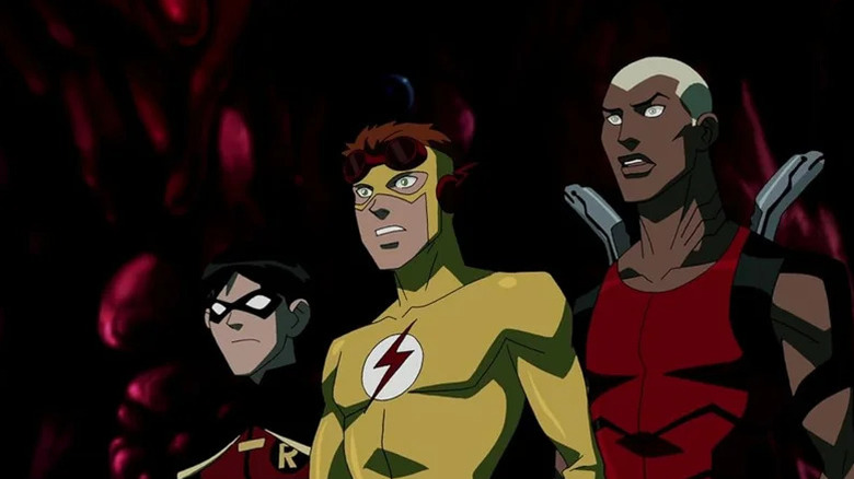 Robin (Jesse McCartney), Kid Flash (Jason Spisak), and Aqualad (Khary Payton) stand shocked in Young Justice