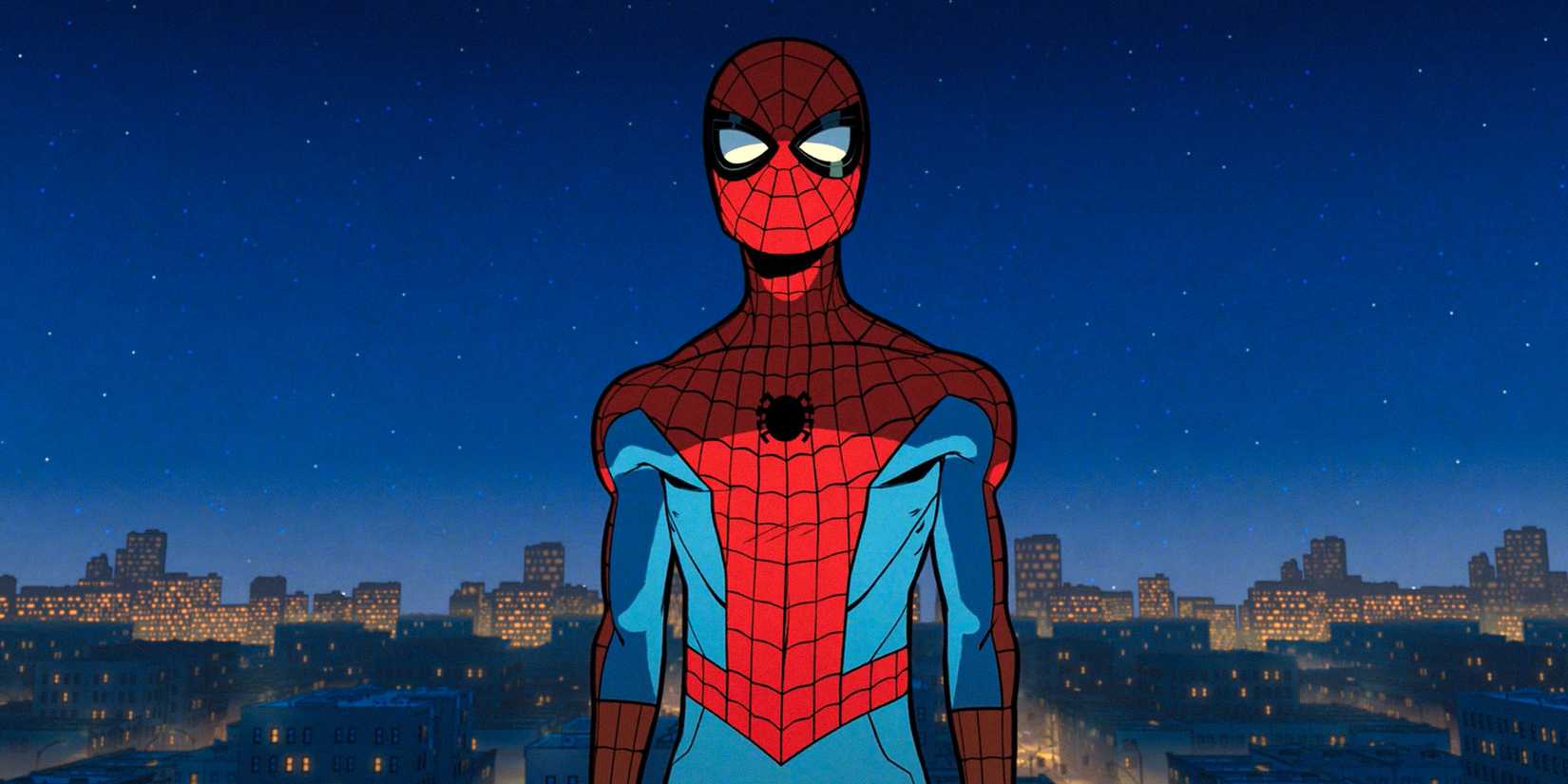 Spider-Man with the city at night in the background in Your Friendly Neighborhood Spiderman Season 1 Ep 10
