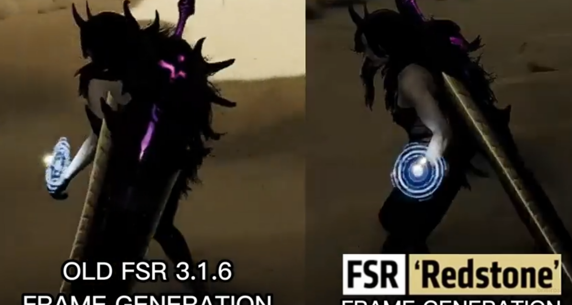 A side-by-side comparison of a game showing FSR Redstone vs an older version of AMD FSR