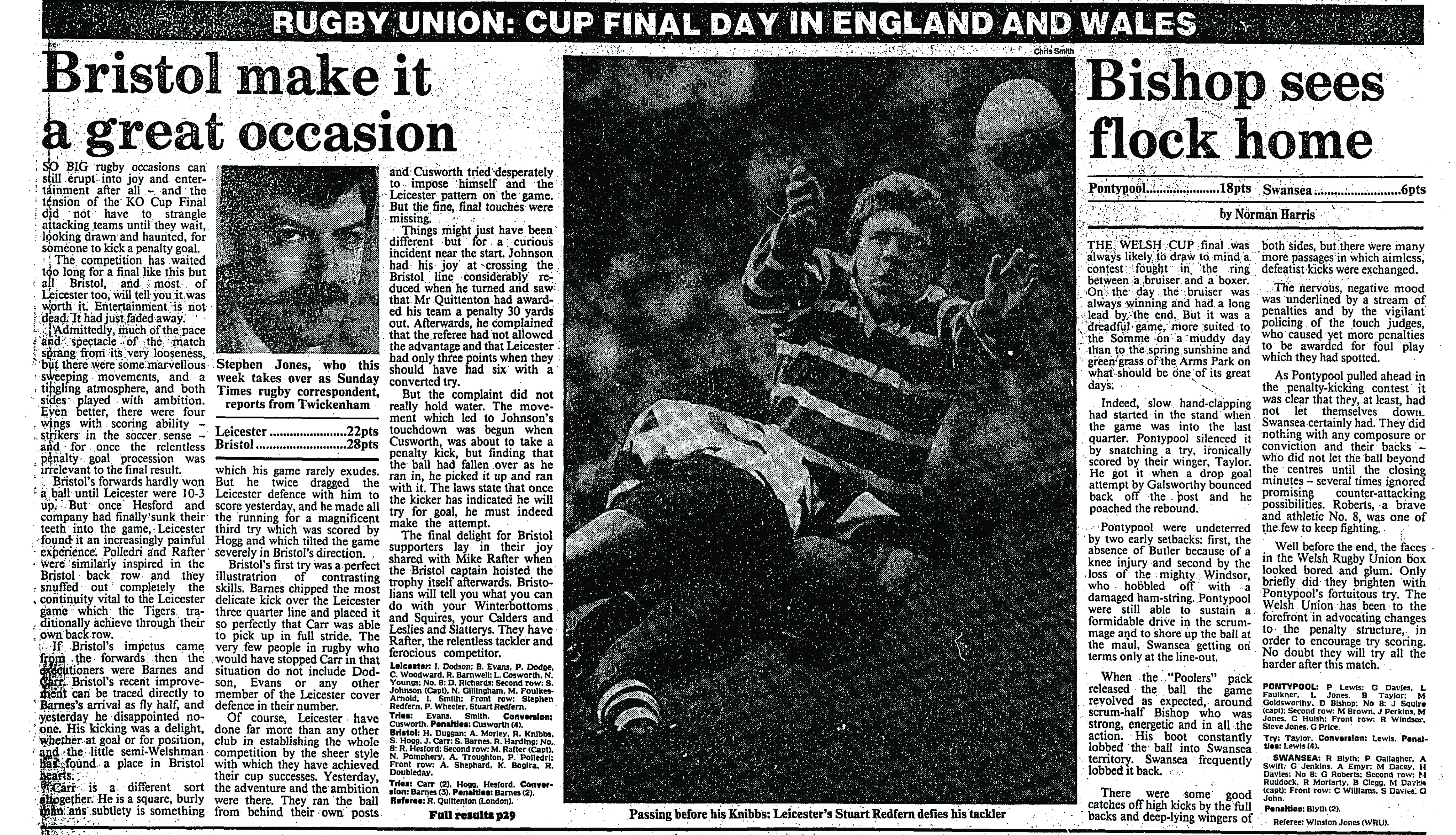 Newspaper article featuring "Staggering to the shoot-out" about snooker and "Bristol make it a great occasion" about rugby.