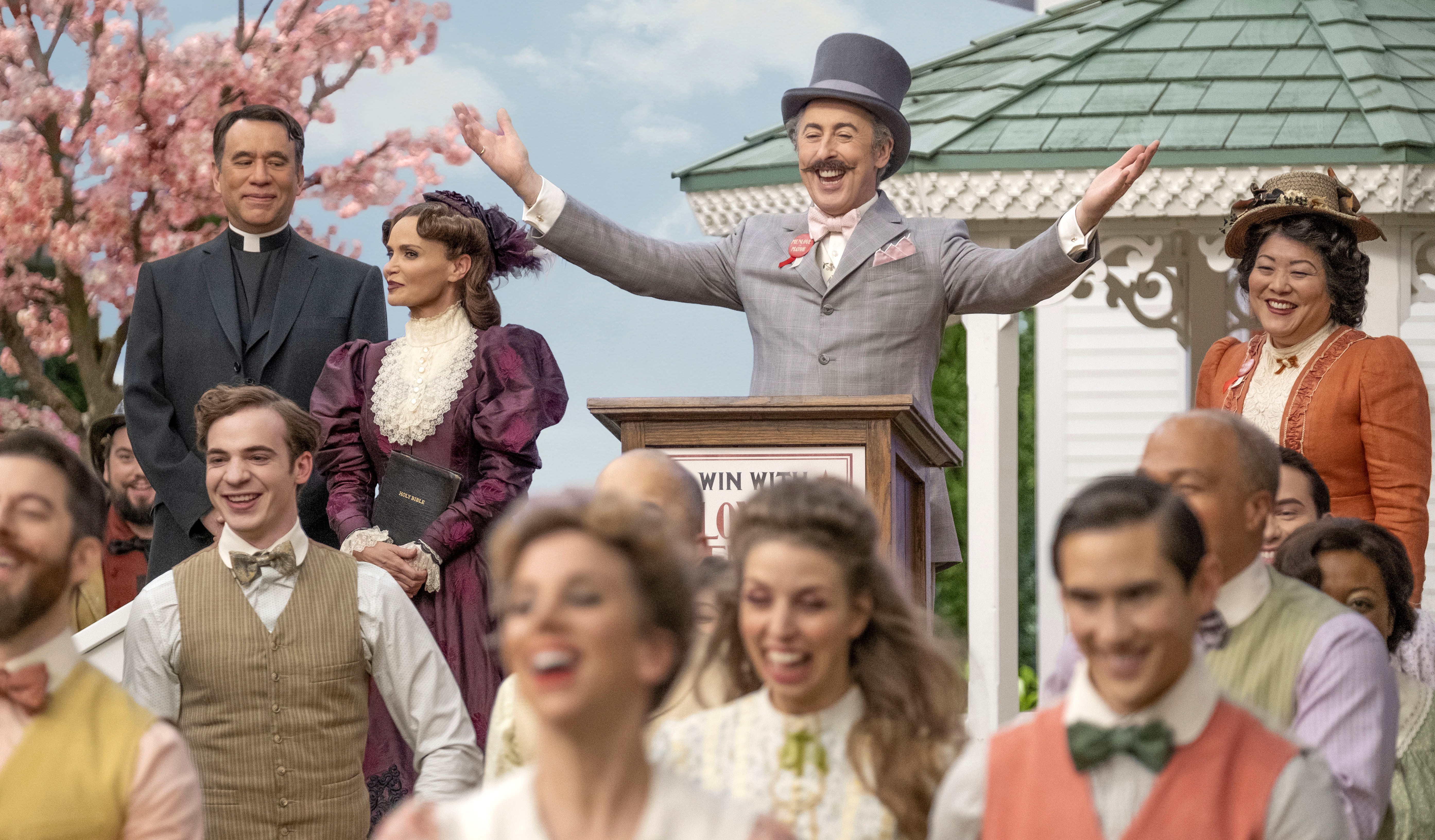 Fred Armisen, Kristin Chenoweth, Alan Cumming and Ann Harada in a scene from "Schmigadoon!"