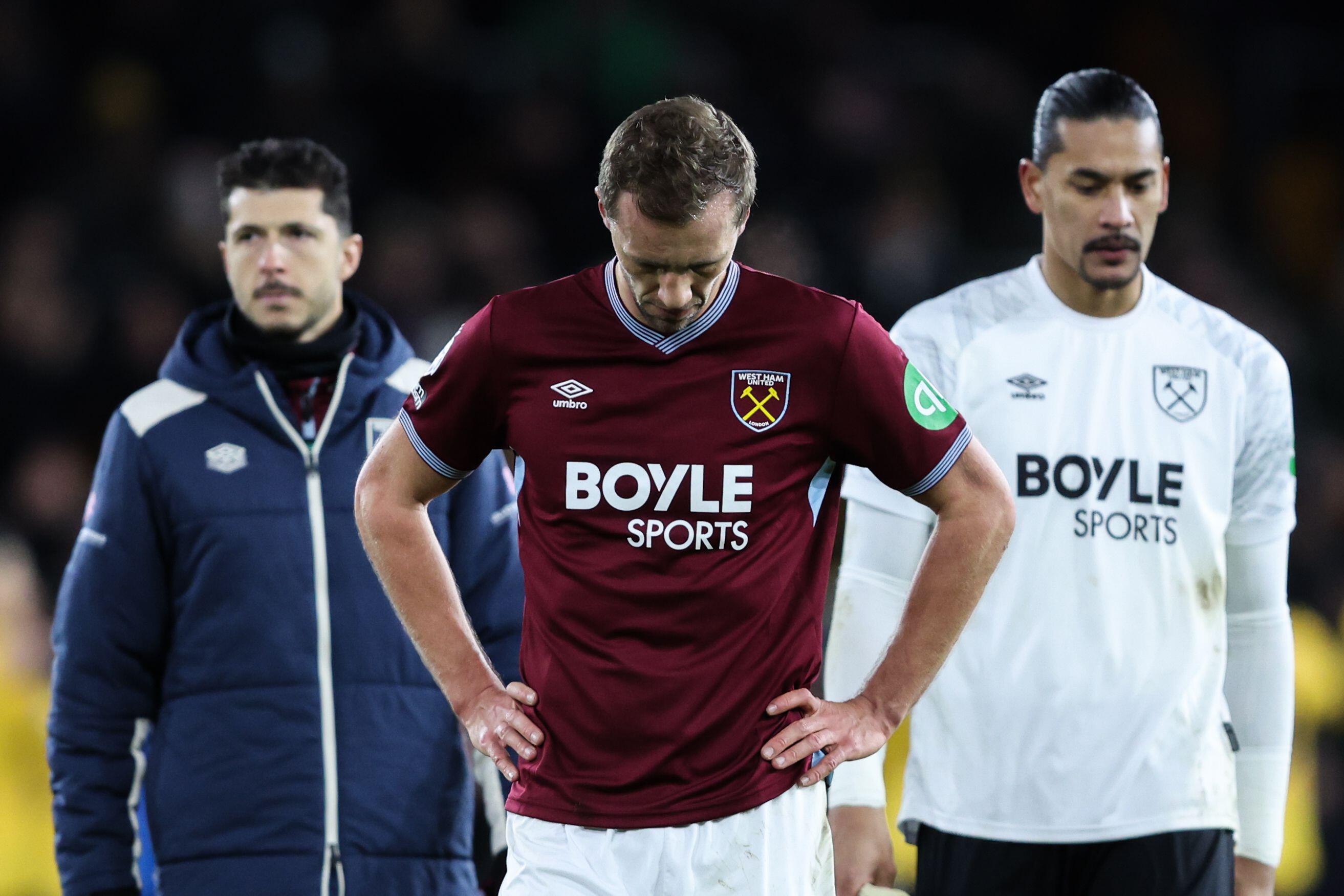 Wolverhampton, UK. 3rd Jan, 2026. Tomas Soucek of West Ham United reacts to his team's loss after the Wolverhampton Wanderers vs West Ham United Premier League match at Molineux, Wolverhampton. Picture credit should read: Gareth Evans/Sportimage Cred