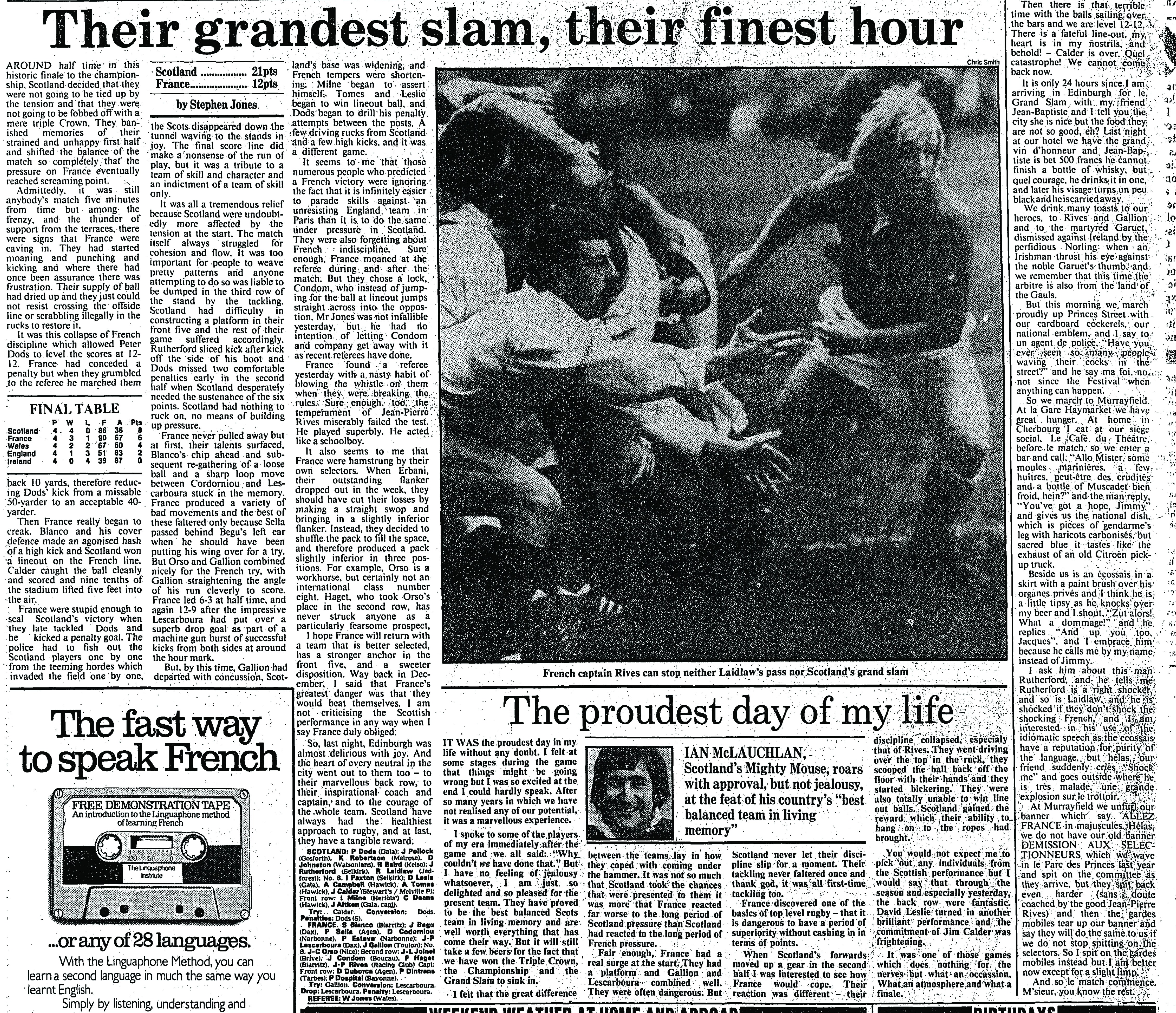 Full newspaper page with articles about rugby, language learning ads, weather, and horoscopes.