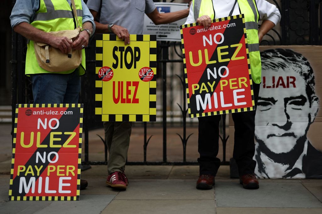 Protesters hold placards against the expansion of the Ultra Low Emission Zone (ULEZ) and "No Pay Per Mile" outside the Royal Courts of Justice.