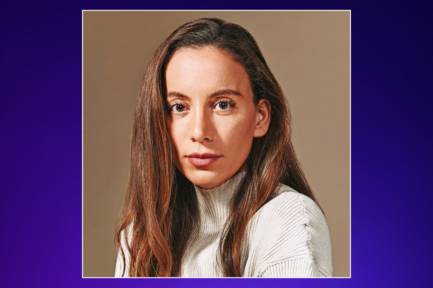 A young woman with long dark hair and a light turtleneck sweater looks directly at the viewer.