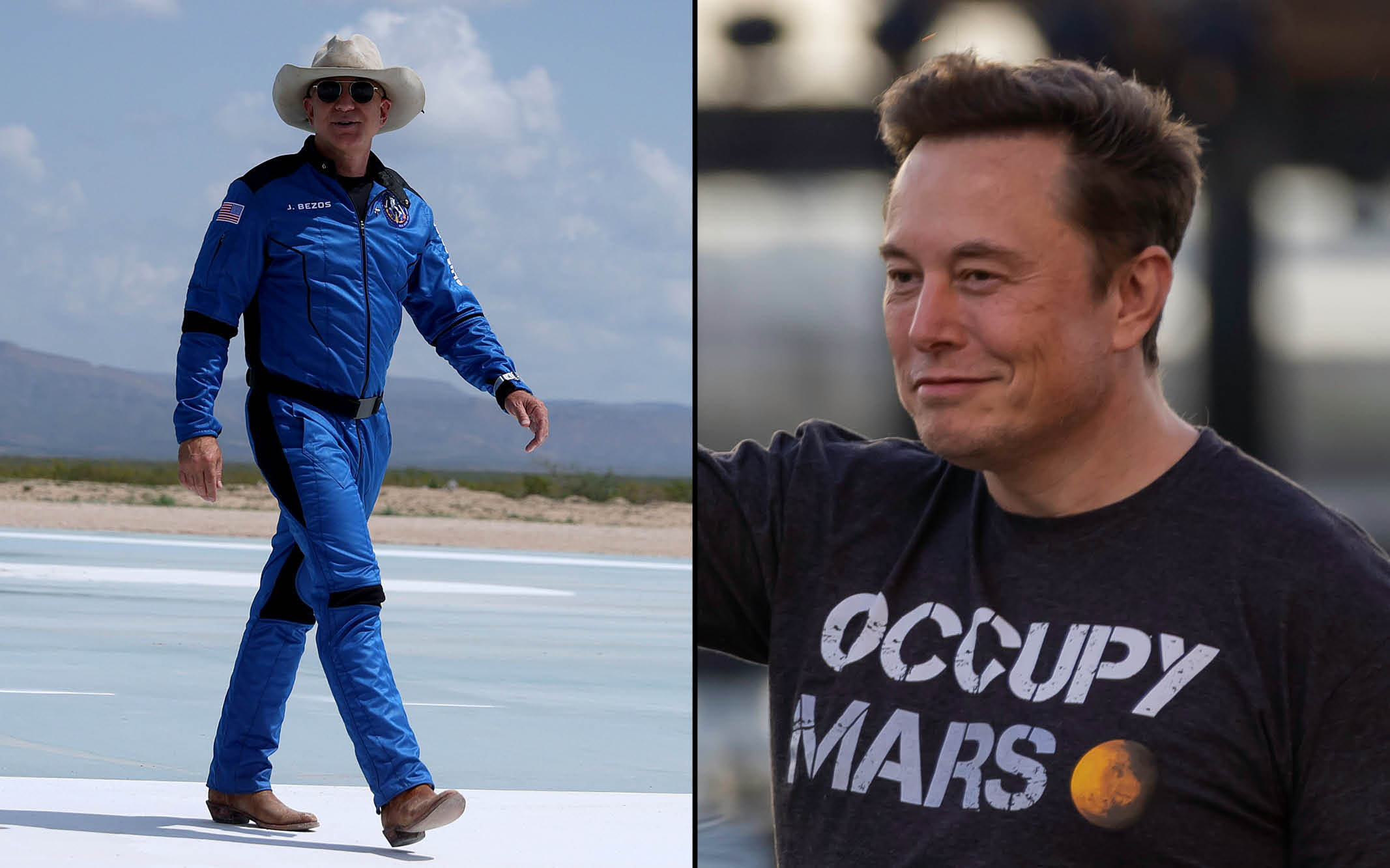 Collage of Jeff Bezos in a blue spacesuit and cowboy hat, and Elon Musk in an "Occupy Mars" t-shirt.