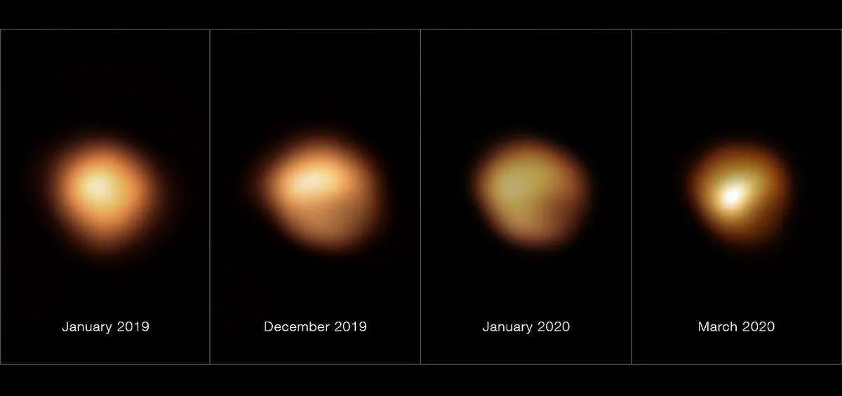 Images taken with the SPHERE instrument on ESO’s Very Large Telescope showing show the surface of the red supergiant star Betelgeuse during its unprecedented dimming, which happened in late 2019 and early 2020.