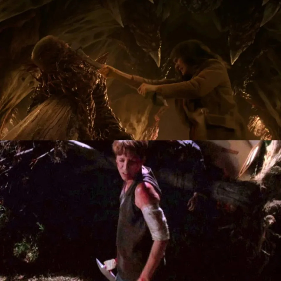 (Top) Joyce Byers (Winona Ryder) kills Vecna in Stranger Things (Bottom) Laurie Strode (Jamie Lee Curtis) beheads Michael Myers in Halloween: H20.