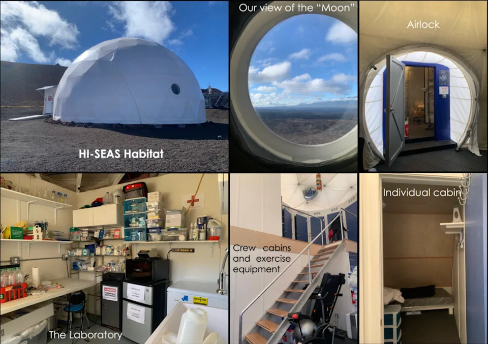 A series of photos showing a dome-shaped habitat; a circular window; a circular doorway labeled 'airlock'; a room full of cabinets and appliances labeled 'laboratory'; a stairwell and elliptical; and a room with a small bed labeled 'cabins'