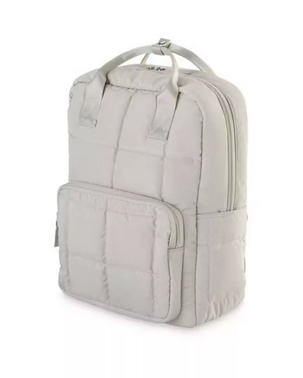 Beige padded backpack with two handles at the top pictured on a white background