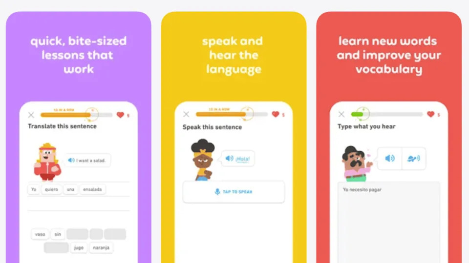 Three screenshots showing the interface of the Duolingo app. - Duolingo