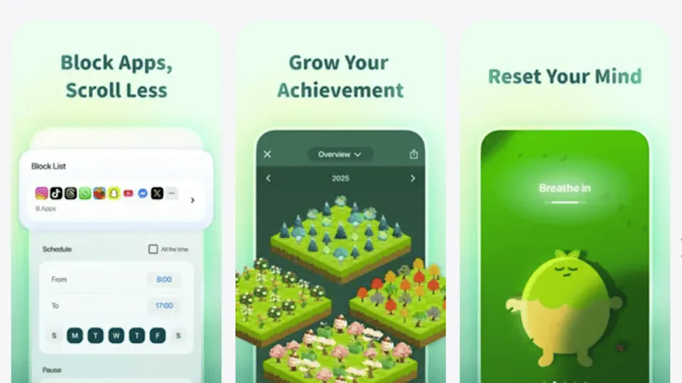 Three screenshots showing the interface of the Forest app. - Forest