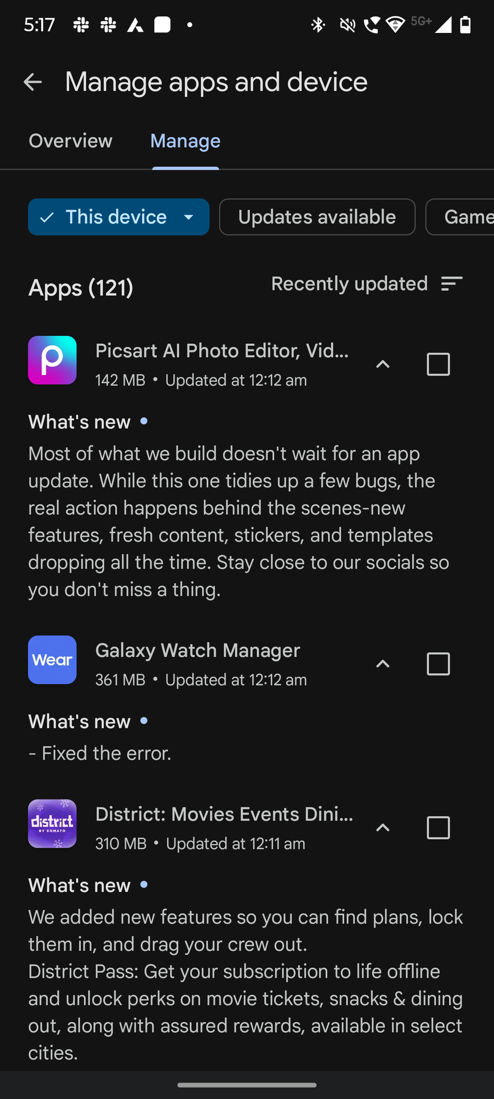 Screenshot showing the Mange tab on Google Play Store