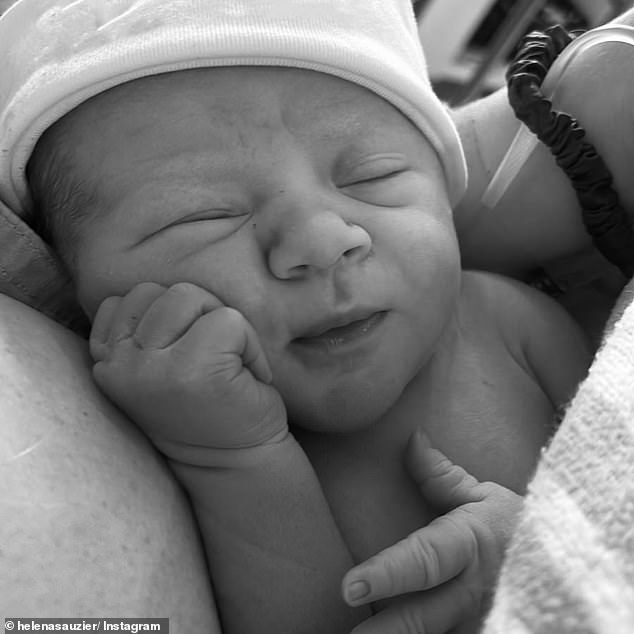 The couple shared a sweet black-and-white image that showed the cherubic newborn nestled safe and sound in his mother's arms. 'And yet again, our hearts double in size. When 3 becomes 4,' Helena wrote. 'We are soooo in love with you Luca.'