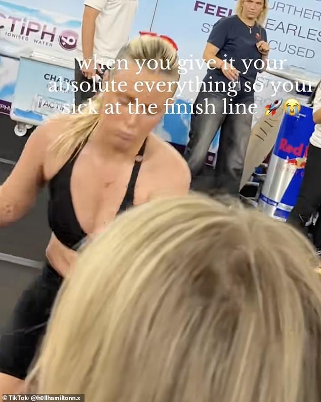 Hyrox is supposedly for people of all abilities, but Holl Hamilton, pictured, was immediately sick after she crossed the Hyrox finish line at the Cardiff-based event