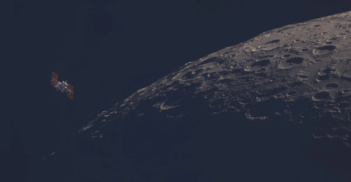 ISS Lunar Flyby © Tom Williams (UK). Winner, People and Space. Equipment: Sky-Watcher 400P GoTo Dobsonian telescope, Player Astronomy Uranus-C (IMX585) camera, 300 mm f/15.5. Location: Trowbridge, Wiltshire, England, 27 October 2024