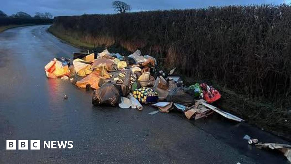 The rubbish on the side of the country road near Newman School in Carlisle. The items are in bags of different colours and sizes, including some black bin bags and shopping bags, as well as lose items. The road is flanked by hedges.