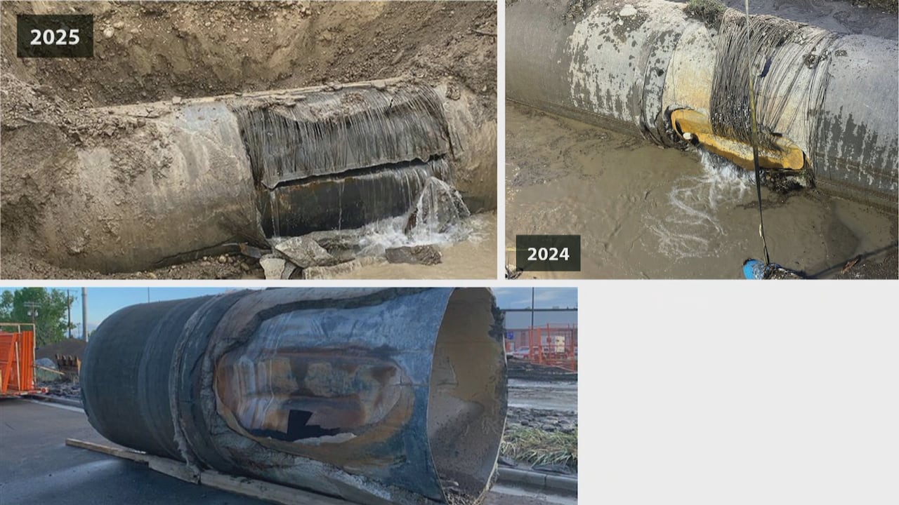 One image shows a pipe with a clean, horizontal break through the middle. The other two photos show photos of a different pipe with a much wider hole in it.