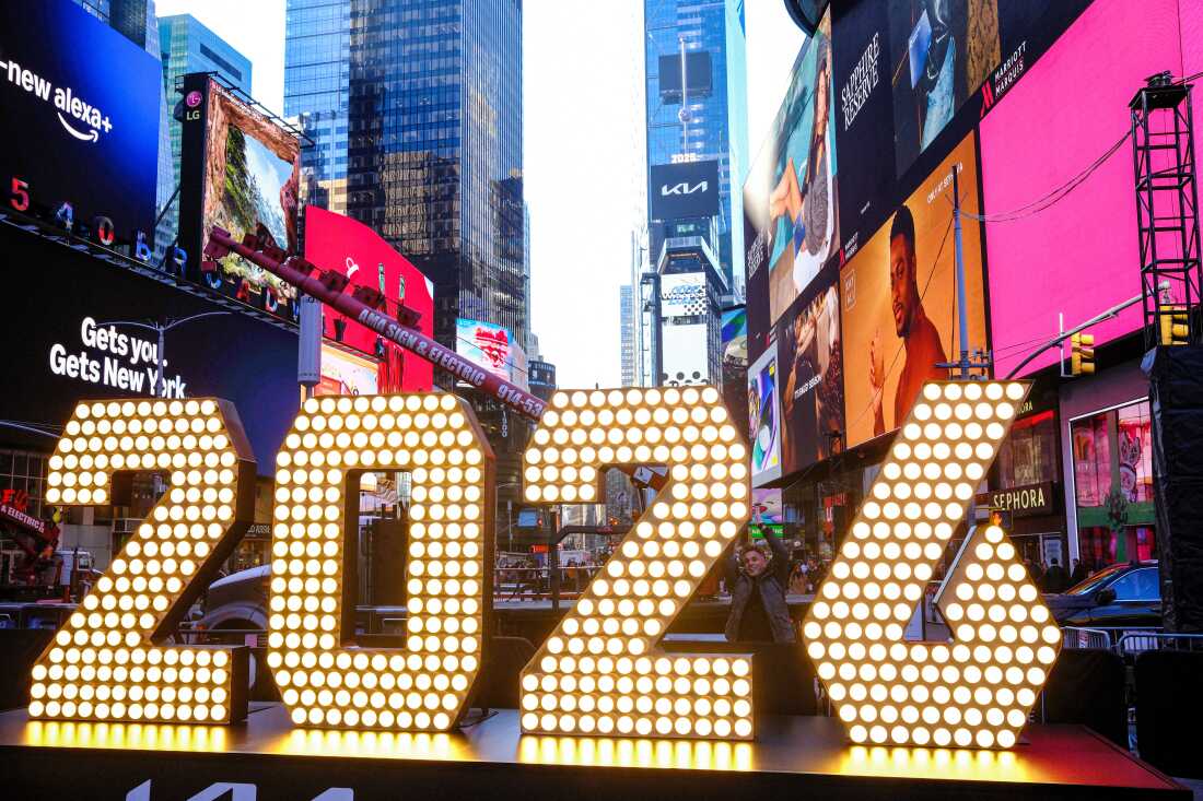 Seven-foot-tall "2026" numerals are displayed after an illumination ceremony in Times Square in New York City on December 18, 2025.