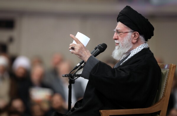 FILE - In this photo released by an official website of the office of the Iranian supreme leader, Supreme Leader Ayatollah Ali Khamenei speaks in a meeting, in Tehran, Iran, Saturday, Jan. 3, 2026. (Office of the Iranian Supreme Leader via AP)