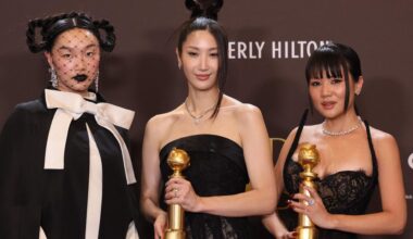 From left, Chris Appelhans, Maggie Kang and Michelle Wong, winners of the award for Best Motion Picture — Animated for