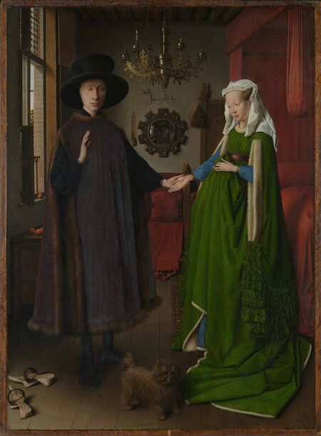 Jan van Eyck, ‘Portrait of Giovanni(?) Arnolfini and his Wife (The Arnolfini Portrait)’, 1434, Painting, Oil on oak, The National Gallery, London