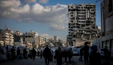 A view of the Bank of Palestine building, located in the Al-Rimal neighborhood of Gaza City and heavily damaged by Israeli attacks, Jan. 15, 2026. (AA Photo)