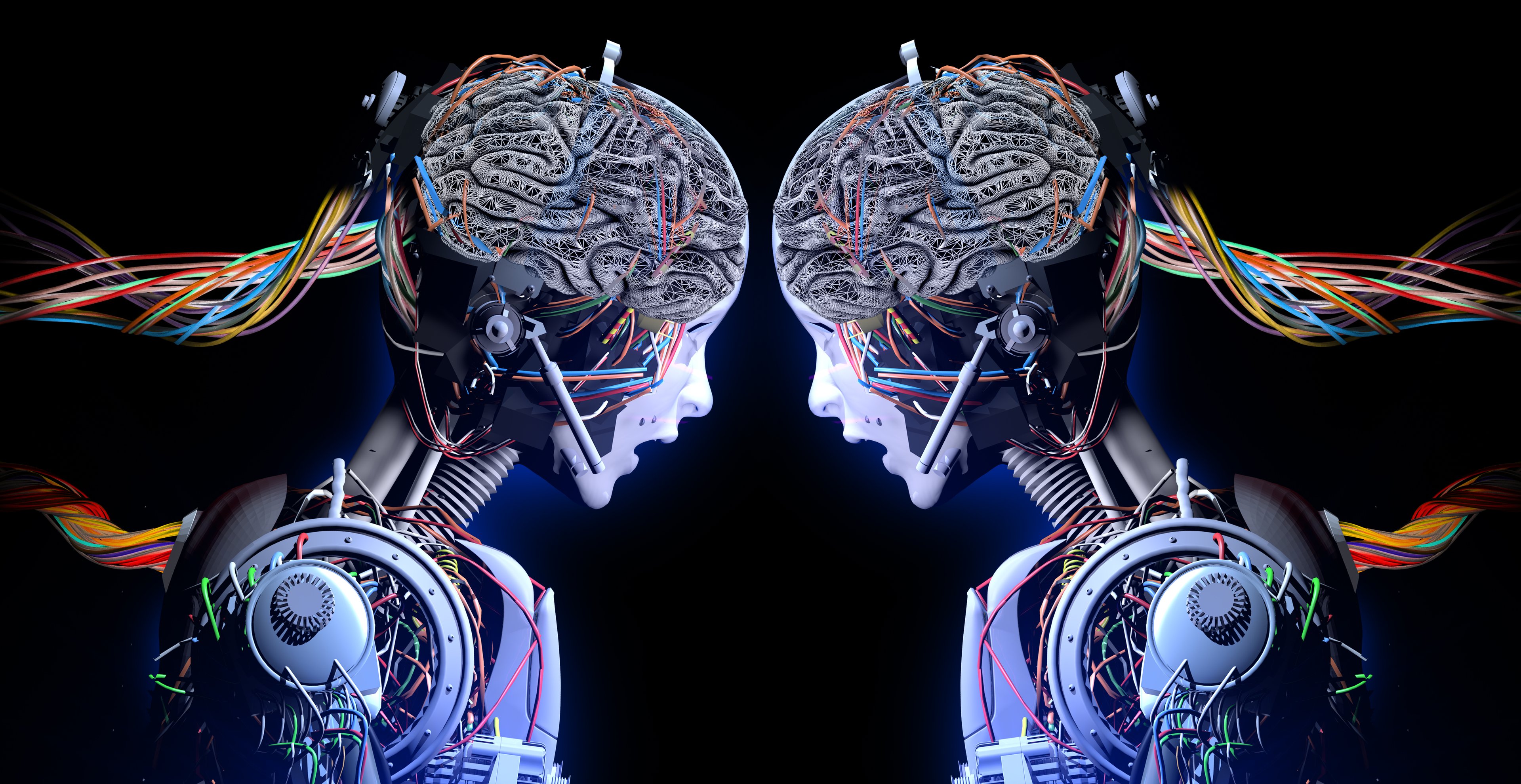 An artist's rendering of two robots standing face to face on a black backdrop. 